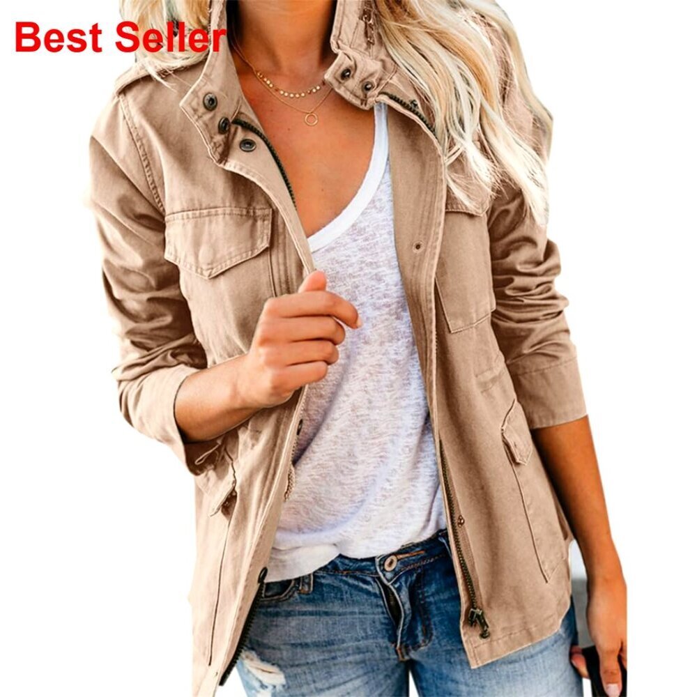 Lightweight Cotton Military Jacket with Zip and Snap Buttons, Utility Pockets